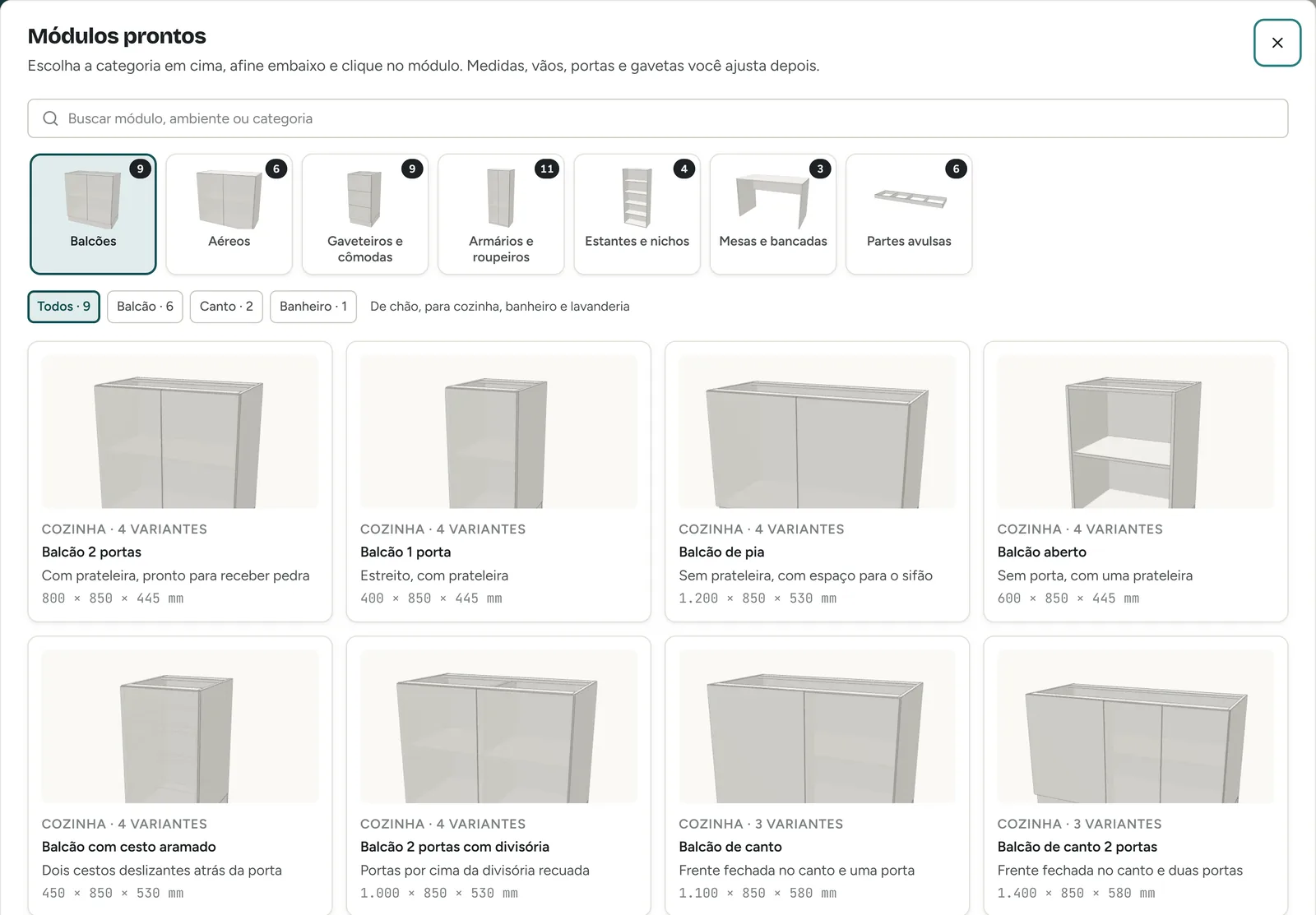 Biblioteca de módulos prontos do MeuMódulo: balcões, aéreos, gaveteiros, armários e roupeiros, estantes e mesas, cada módulo com as medidas embaixo.