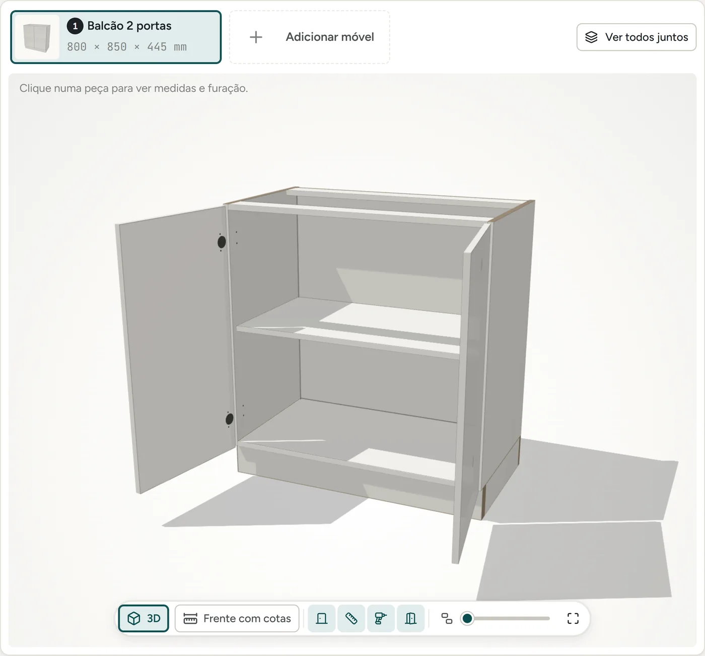 Tela do MeuMódulo: um balcão de 2 portas em 3D, com as portas abertas, e ao lado as medidas 800 × 850 × 445 mm e as opções de construção.